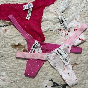 PINK Victoria's Secret Hot Pink Lace-Trim Strawberry Thong